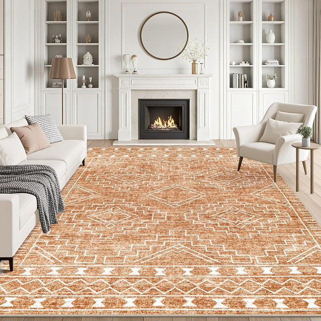 8x10 Area Rugs Living Room Rug: Washable Rug Neutral Lagre Soft Thin Carpet Indoor Floor Non Slip Boho Geometric Moroccan Carpets for Bedroom Dining Room Farmhouse Nursery Office - Dark Brown