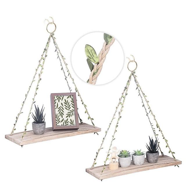 Hanging Shelves for Wall & Window Plant Shelf Indoor - Floating Wall Shelves for Bedroom Bathroom Living Room - Macrame Wall Hanging Shelf - Boho Wall Decor Home (Green leaf rope, light color,Large*2)