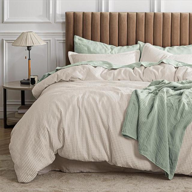 Bedsure Waffle Comforter Set King, Beige Soft Cotton Comforter King Size, Bedding Set for All Seasons, Waffle Weave Bed Set, 3 Pieces, 1 Comforter (104"x90") and 2 Pillow Shams (20"x36"+2")