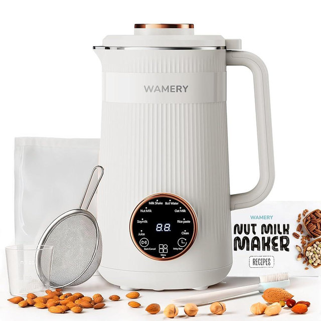 Wamery 32oz Nut Milk Machine (Cream) - Soy Milk Maker for Almond & Oat, Fruit Blender, Automatic Heated Programs, Self‑Cleaning, Delay Start, Keep Warm & Boil Water, 1‑Liter Capacity with Starter kit