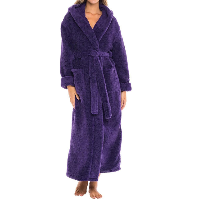 ADR Womens Fluffy Robe, Fuzzy Robe for Women, Long Hooded Robes for Women, Plus Size Robe Purple Large