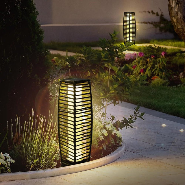Solar Powered Outdoor Floor, 2 Piece Outdoor Floor Lamps, Solar Lanterns Waterproof Resin Wicker, Weather-Resistant Rattan Deck Light for Patio, Lawn, Porch, Garden