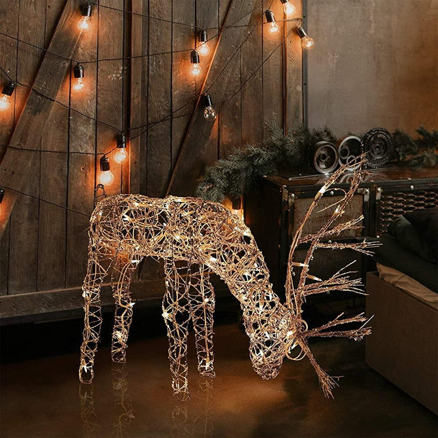 Alpine Corporation Outdoor/Indoor Rattan Grazing Reindeer with Lights - Christmas and Holiday Decoration for Yard - 24-Inches