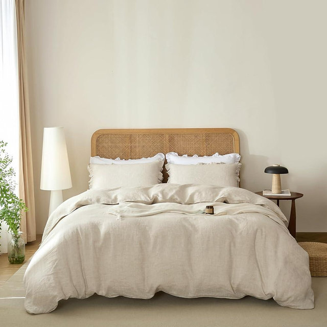 Talasily 100% French Linen Duvet Cover Set 3pc - Zipper Closure & 8 Corner Ties with Ruffled Pillowcases All-Season Breathable Bedding (Queen,Natural Linen)