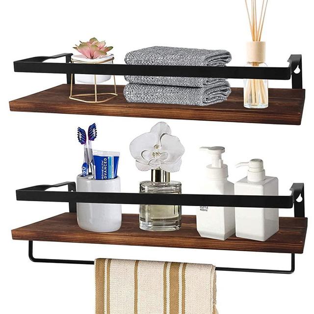 Floating Shelves for Wall Set of 2, LAERJIN Storage Shelves with Rail and Towel Bar, Decorative Storage Shelves for Kitchen, Bathroom, Living Room, Bedroom