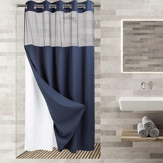 River Dream No Hooks Required Waffle Weave Shower Curtain with Snap in Liner (Navy, Stall 54"x80")