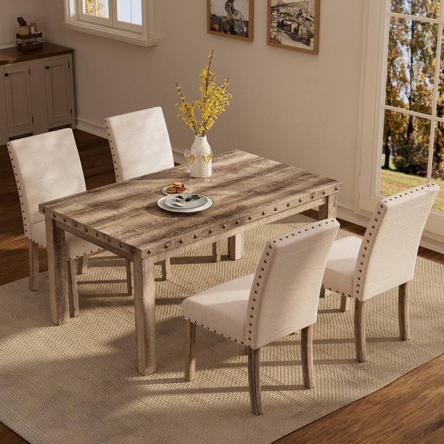5 Piece Wooden Dining Set - Modern Farmhouse Style Rectangular Table & Upholstered Chairs for Kitchen & Dining Room -Morden Fort