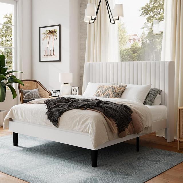 SHA CERLIN Queen Size Velvet Bed Frame with Vertical Channel Tufted Wingback Headboard, Upholstered Platform Bed with Wood Slats, No Box Spring Needed, Easy Assembly, White