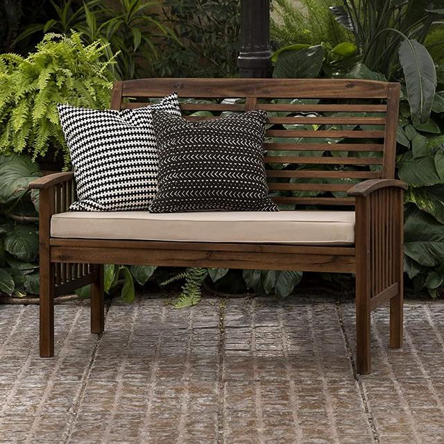 Walker Edison Rendezvous Modern Solid Acacia Wood Patio Loveseat with Cushions, 47 Inch, Dark Brown
