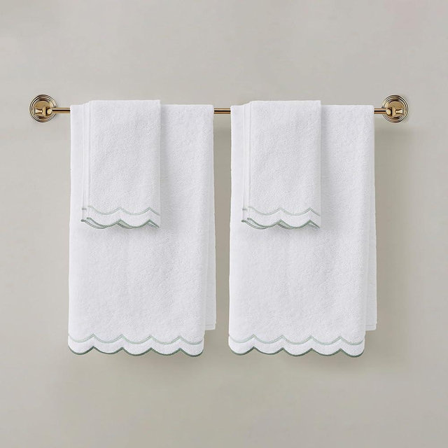 Peri Home 4 Piece Towel Set, 2 Bath Towels 2 Hand Towels, 500 GSM, 100% Cotton Towel for Bathroom, Embroidered, Soft & Absorbent, White with Sage Scallop