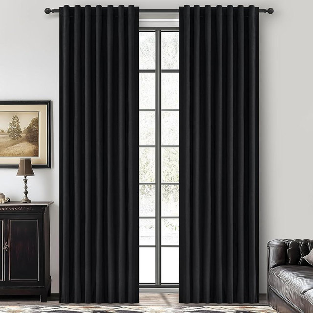 QJmydeco Black 100% Blackout Curtains 84 Inches Long to Keep Heat Out, Black Linen Boho Drapes for Bedroom/Living Room Darkening Back Tab/Rod Pocket/Hook Thermal Insulated (2Panels Set Burg W50 xL84)