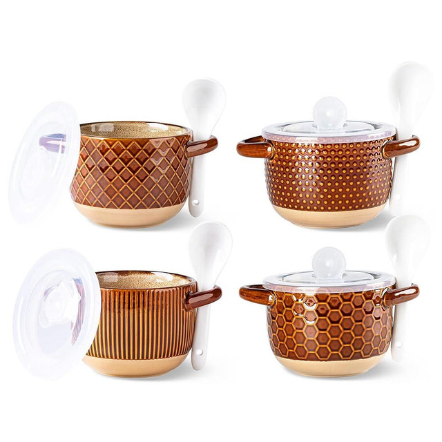 GBHOME 22 Ounces Soup Bowls with Large Handles and Lids, Stoneware Bowls Set of 4 with Spoon for Soup, Cereal, Stew, Colourful Ceramic Kitchen Bowls, Microwave&Dishwasher Safe, Caramel