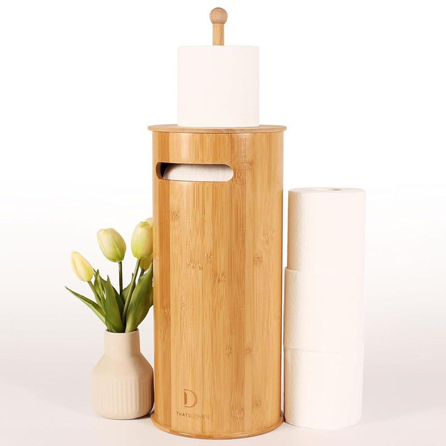 Toilet Paper Stand with 3-Roll Tissue Holder for Boho Bathroom, FreeStanding Bamboo Toilet Paper Holder,Wood Toilet Paper Storage with Lid.