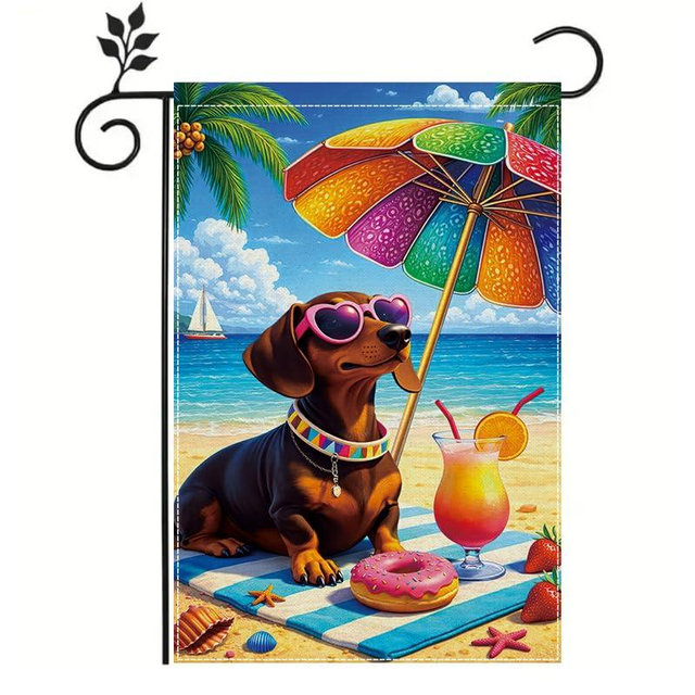 ActFirst Summer Dog Garden Flag 12x18 Inch, Cute Dachshund Beach Garden Flag, Tropical Summer Outdoor Decorative Yard Flag for Lawn Porch Patio
