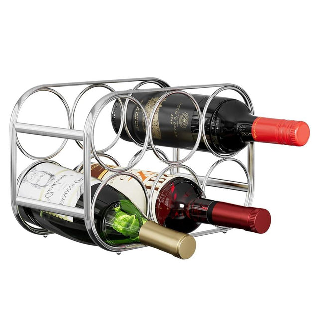 Buruis 6-Bottle Wine Rack, Modern Metal Countertop Wine Holder Stand for Kitchen, Pantry & Cabinet Storage, No Assembly Required, Silver
