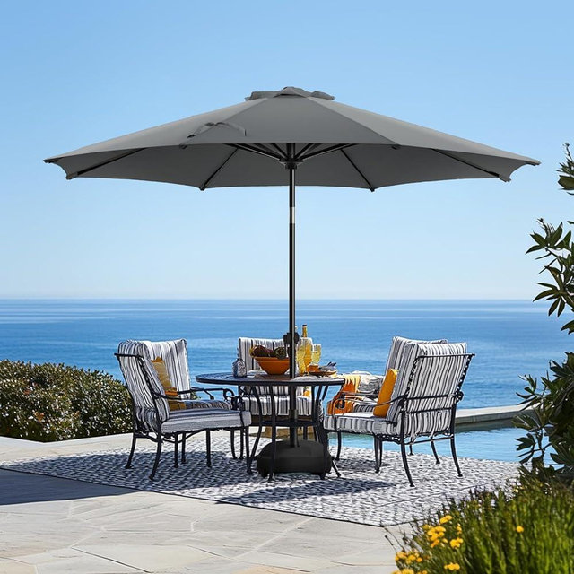 wikiwiki 9FT Patio Umbrella with Base, Outdoor Umbrellas with Base Included, 8 Sturdy Ribs, Waterproof Fade Resistant POLYESTER DTY Canopy for Deck, Lawn, Garden, Backyard & Pool, Dark Gray