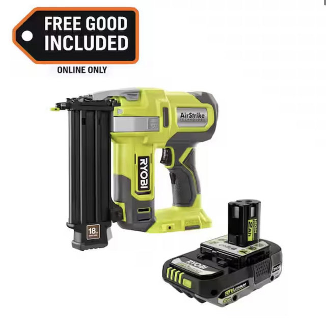 RYOBI ONE+ 18V 18-Gauge Cordless AirStrike Brad Nailer with FREE 2.0 Ah HIGH PERFORMANCE Battery P321-PBP003