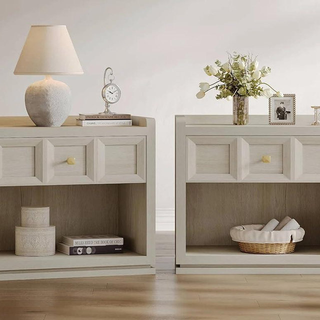 SICOTAS Night Stand Set 2, 26" Wide Nightstands with Drawer, Large Queen Size Nightstands Set of 2, Modern Bedside Table for Bedroom, Side End Table, Grey White Oak