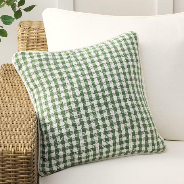 Blaine Check Outdoor Pillow, Elm Green, 18"