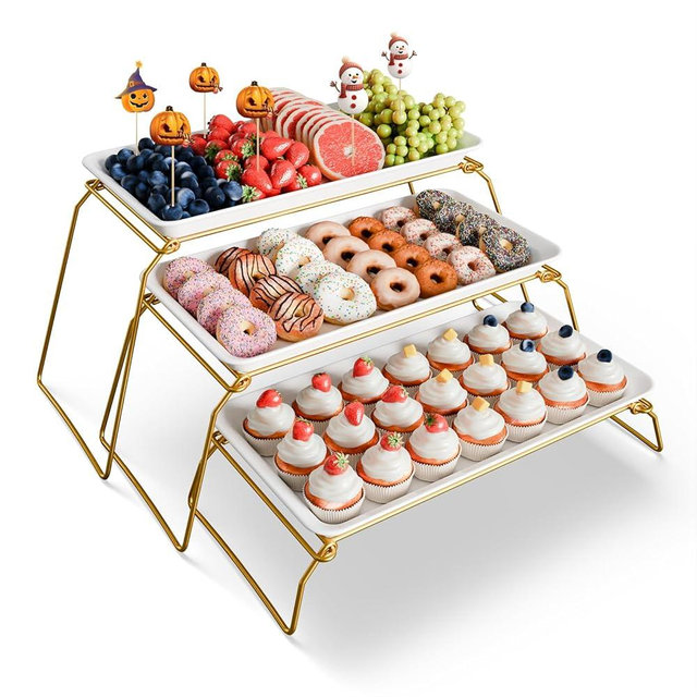 Extra Large 3-Tier Melamine Serving Tray Set and Cupcake Stand for Party Events, 17" Platters with Tiered Stand, Holds 63 Cupcakes, Food, Dessert, and Fruit, 24K Gold-Plated