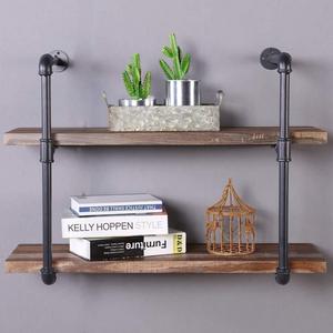 Homissue 2-Shelf Rustic Pipe Shelving Unit, Vintage Industrial Pipe Wall Shelf, Retro Brown
