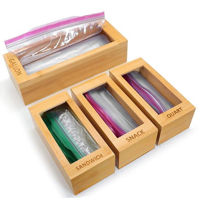 Ziplock Bag Storage Organizer for Kitchen Drawer, 4Pcs Bamboo Food Storage Bag Holders Dispenser Compatible with Gallon, Quart, Snack and Sandwich Bags