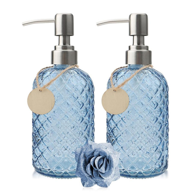 Ulable 13.5Oz Gem Design Soap Dispenser with Rustproof Stainless Steel Pump for Bathroom and Kitchen, Refillable Liquid Glass Soap Dispenser for Hand Soap, Dish Soap, Lotion (Blue)