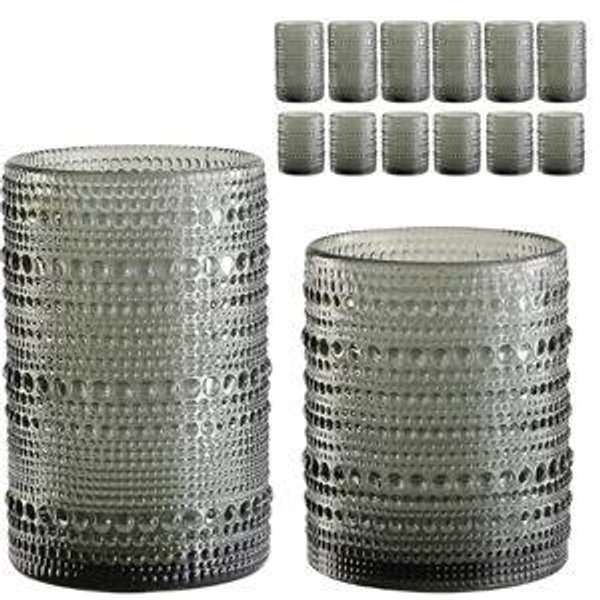 Vintage Glassware Drinking Glasses Set of 12,Grey 12oz & 15oz Hobnail Glass Cups,Embossed Water Tumbler,for Beer,Cocktail,Whiskey,Juice and Various Mixed Drinks- 1 Cleaning Brush