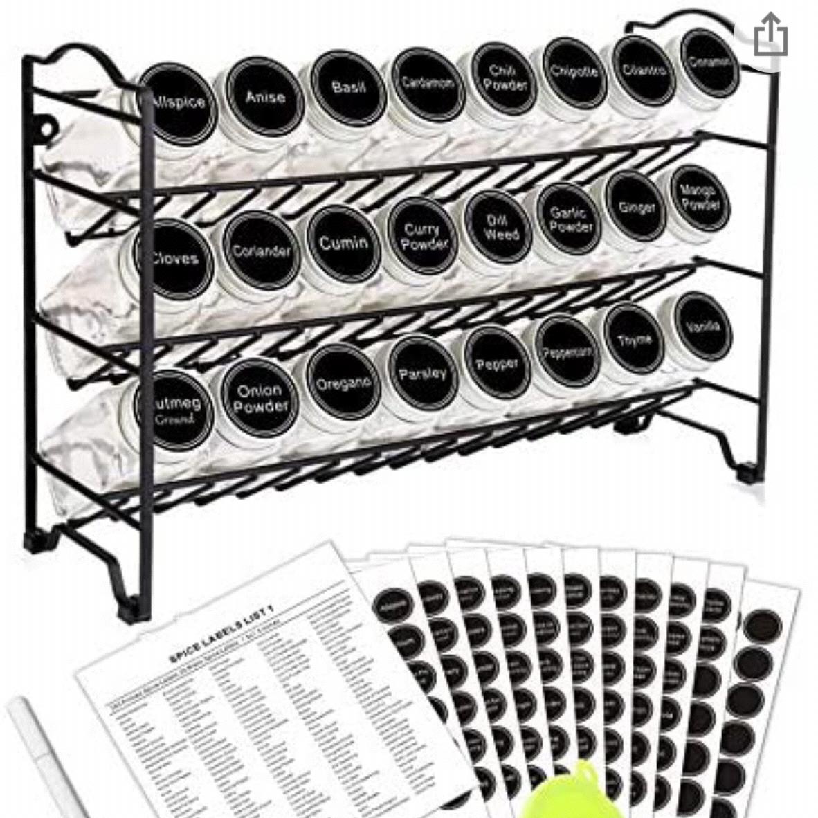 SWOMMOLY Spice Rack with 24 Empty Square Spice Jars, 396 Spice Labels with Chalk Marker and Funnel Complete Set, for Countertop, Cabinet or Wall Mount