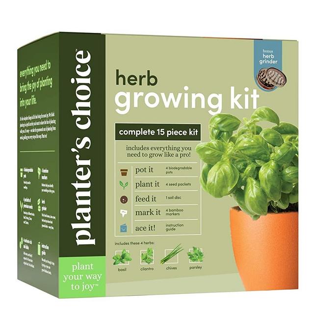 Planters' Choice Herb Growing Kit + Herb Grinder - Complete Kit to Easily Grow 4 Herbs from Seed (Basil, Cilantro, Chives & Parsley) with Comprehensive Guide - Unique Gift (Herbs)