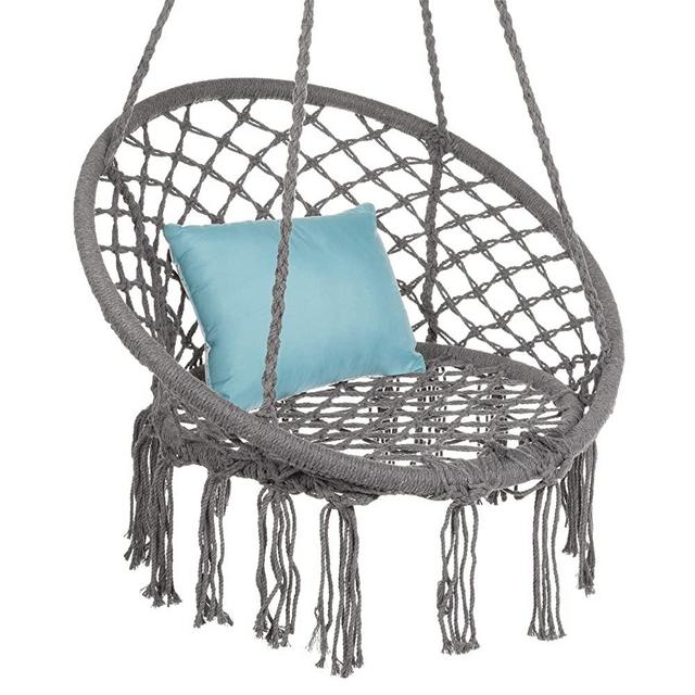 Best Choice Products Handwoven Cotton Macramé Hammock Hanging Chair Swing for Indoor & Outdoor Use w/ Backrest, Fringe Tassels, 265 Pound Capacity - Gray