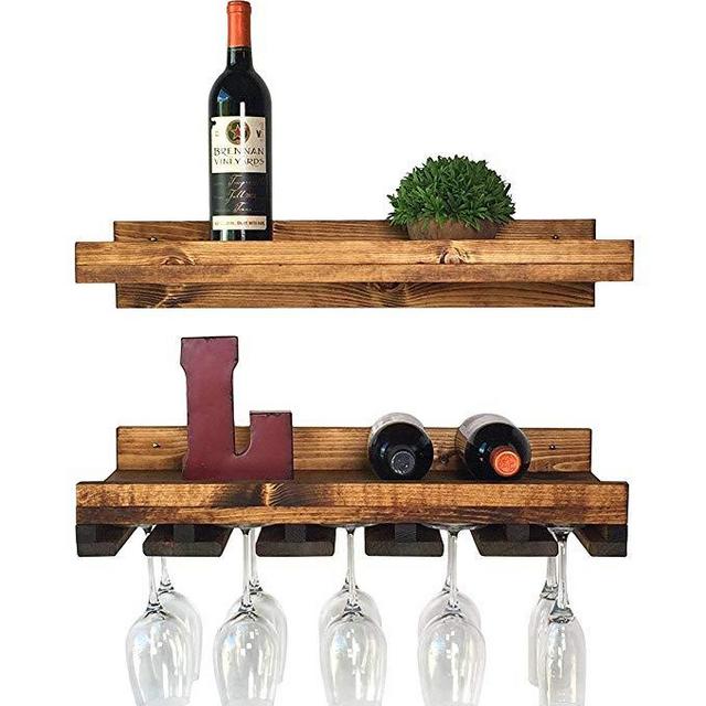 Floating Wine Shelf and Glass Rack Set (Wall Mounted), Rustic Pine Wood Handmade by del Hutson Designs (6H x 24W x 10D, Walnut)