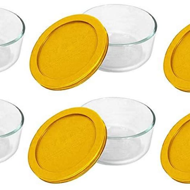 Pyrex Storage Plus 2-Cup Round Glass Food Storage Dish, Yellow Cover (6 Pack)