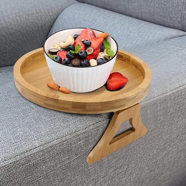 10” Sofa Arm Clip Table Foldable Couch Arm Tray Table Bamboo Sofa Armrest Clip-On Tray Round Sofa Arm Tray for Snack/Drink/Phone/TV Remote