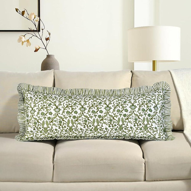 CPC Meadow Vine Hand Block Print 100% Cotton Ruffle Throw Pillow Cover 14x36 inch with Hidden Zipper Decorative for Couch, Bed, Sofa, Farmhouse, Cottagecore Decor Gift Christmas Fall Thanksgiving
