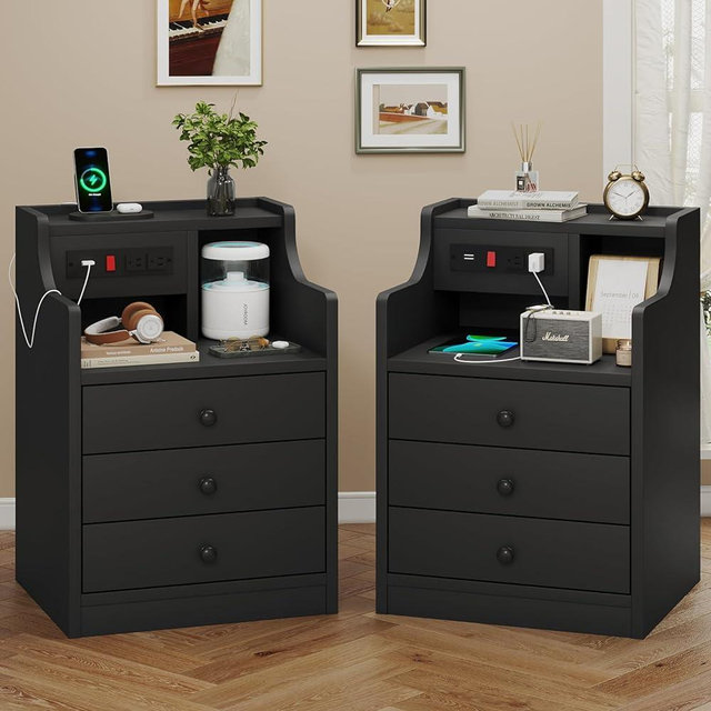 Tiptiper Nightstand Set 2, Black NightStand with Hutch and Charging Station, Night Stands with 3 Drawers for Bedrooms Set of 2, Modern Bedside Table End Side Table
