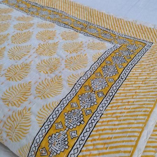 Yellow Golden Leaf Quilt Indian Leaf Kantha Quilt Handblock Print Yellow leaves Quilt summer quilt queen gold yellow gold cotton bedspread