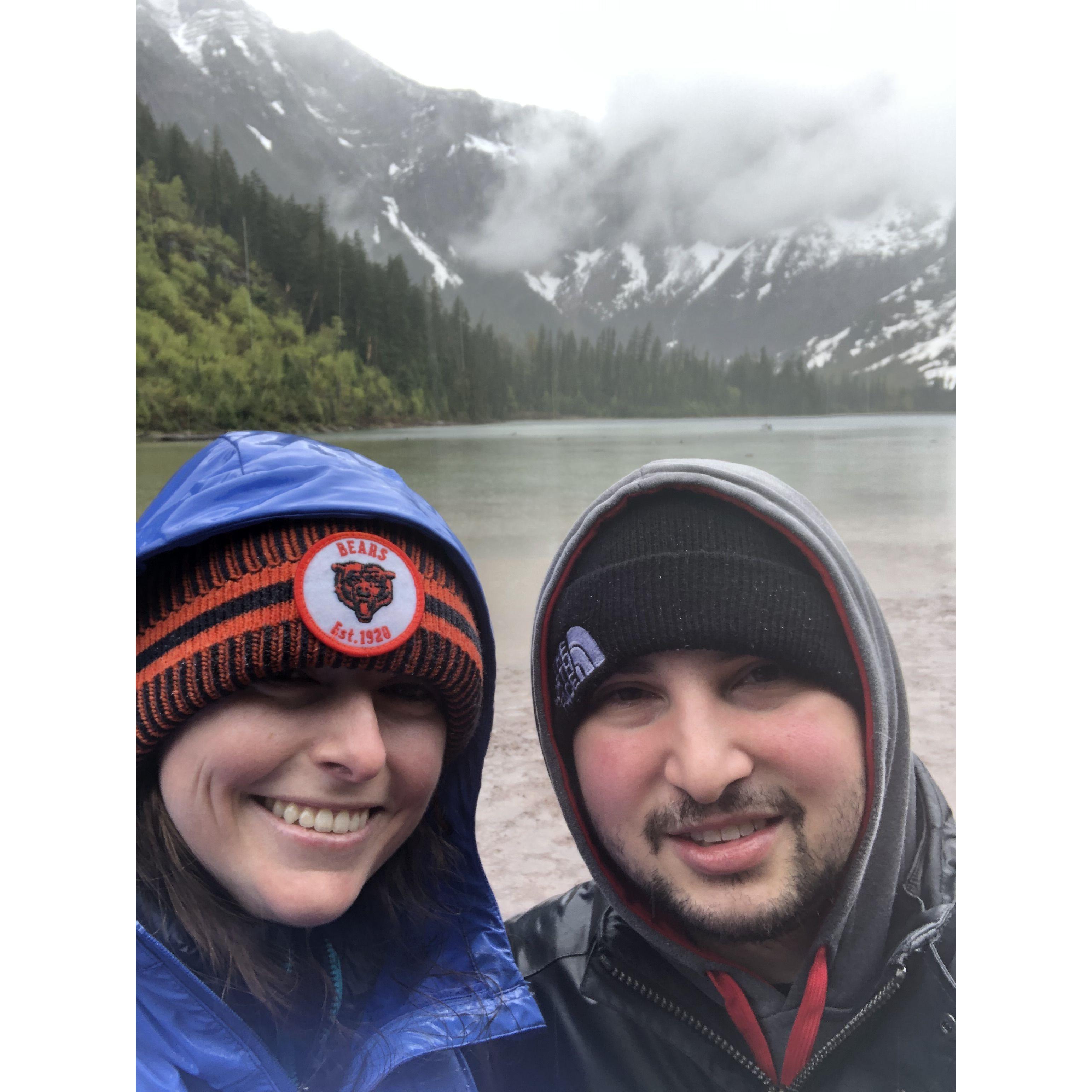 After hiking in the rain, we made it to the beautiful lake in Glacier!