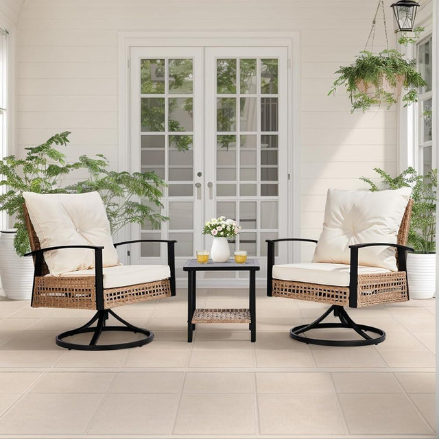 VINGLI 3 Pieces Wicker Patio Furniture Set, Outdoor 360-degree Swivel Rocking Chairs with Thickened Cushions and Rattan Side Table, Patio Glider Chair for Porch, Deck, Garden, Backyard, Pool (Beige)