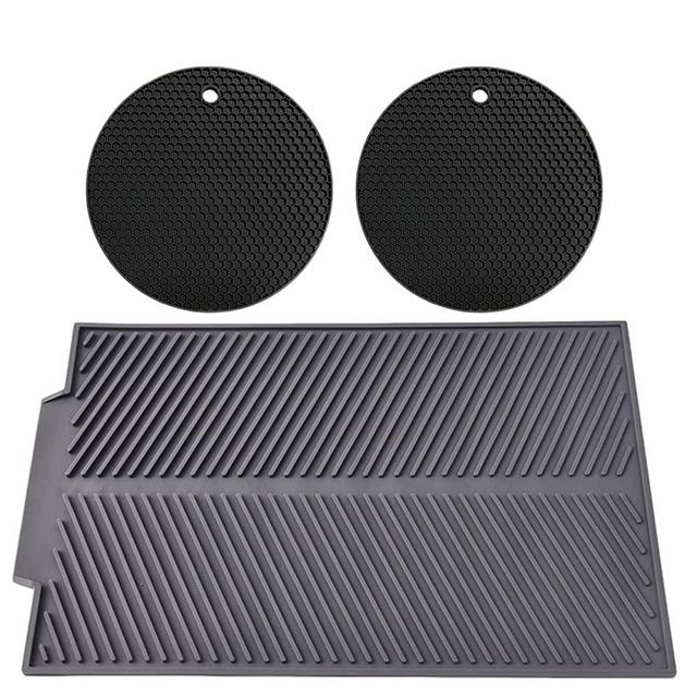 Drying Mat, Silicone Dish Drying Mat Large for Kitchen Counter and 2 Silicone Trivets/Pot Holders for Kitchen, Heat Resistant, Dishwasher Safe, Multiple Usage