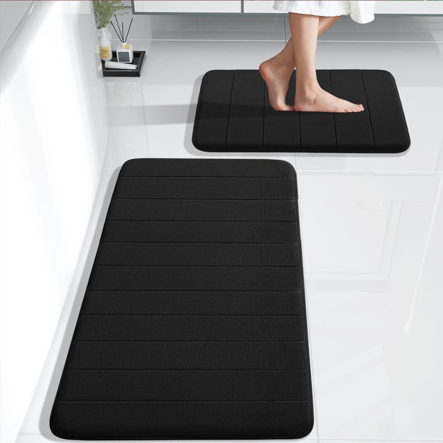 Yimobra Large Bath Mat Set 2 Piece- Super Soft Absorbent Quick Dry Memory Foam Bathroom Rugs, Machine Washable Non Slip Floor Carpet for Tub Shower & Double Vanity (17x24 & 44x24, Black)