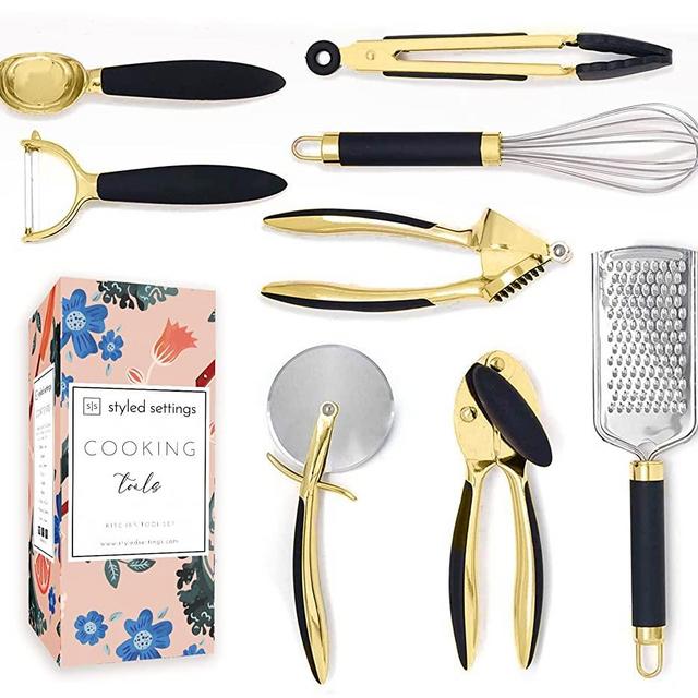 Black and Gold Tool Set- Luxe 8PC Kitchen Gadget Set with Anti-Slip Handles, Gold Utensils Set - Black and Gold Kitchen Accessories Includes Gold Can Opener, Gold Pizza Cutter, Gold Whisk…