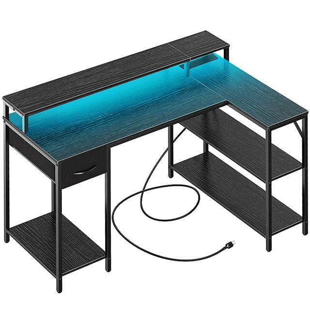 SUPERJARE L Shaped Computer Desk with Power Outlets & LED Strips, Small Corner Desk with Monitor Stand & Storage Shelf, Home Office Desk Gaming Desk, Black