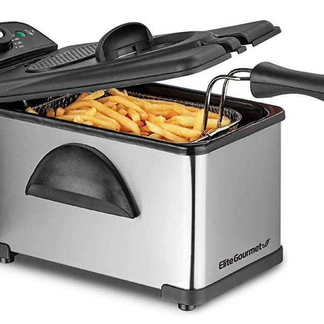 Elite Gourmet EDF2100 Electric Immersion Deep Fryer Removable Basket Adjustable Temperature, Lid with Viewing Window and Odor Free Filter, 2 Quart / 8.2 cup