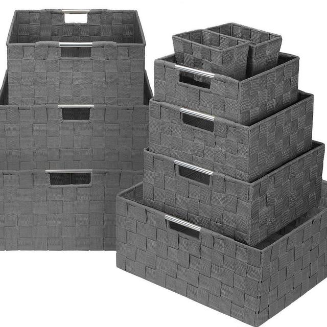 Sorbus Storage Box Woven Basket Bin Container Tote Cube Organizer Set Stackable Storage Basket Woven Strap Shelf Organizer Built-in Carry Handles (Gray)