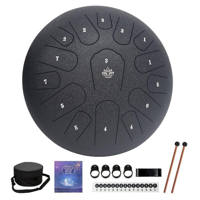 Rain Drum for Outside Garden,Steel Tongue Drum 12 Inches 15 Notes Musical Instruments, Handpan Drum Percussion Instrument, with Soft Bag, Music Book, 2 Mallets, for Meditation or Yoga (Black)