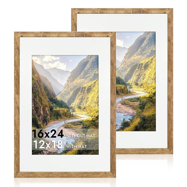iRahmen 16x24 Picture Frame Set of 2 with Plexiglass, Display 12x18 Picture with Mat or 16 x 24 Without Mat, Rustic Brown Wood Poster Frame for Photo Wall Gallery Mounting Horizontal and Vertical