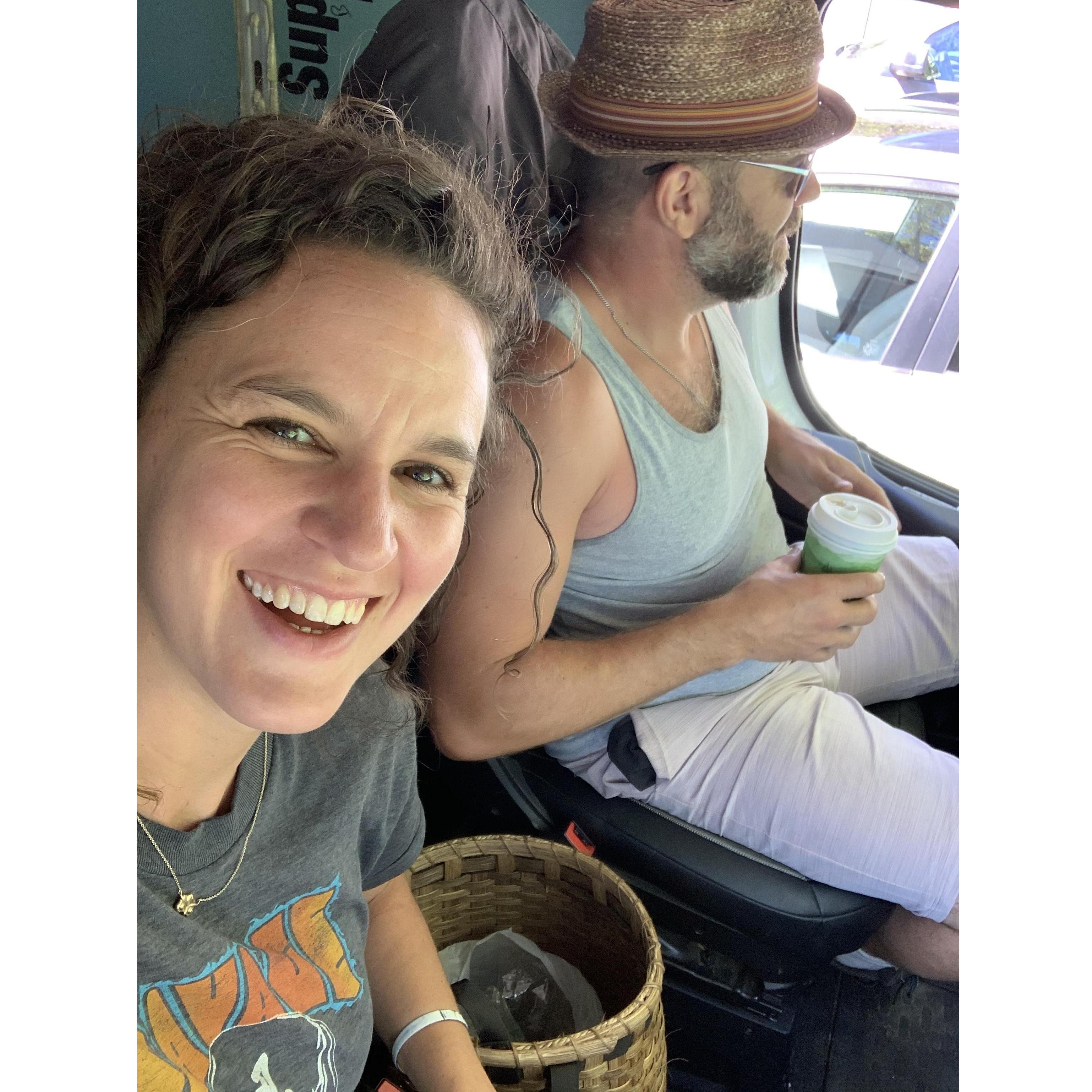 Molly hamming it up, Tim's tango hat, Pocahontas basket backpack