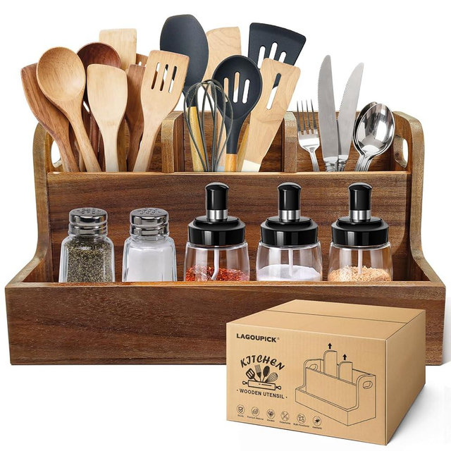 LAGOUPICK Kitchen Utensil Holder for Countertop with 4 Compartments Acacia Large Utensil Holder Wooden Storage for Cooking,Baking,Flatware Tool Kitchen Utensil Organizer