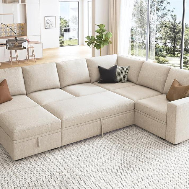 HONBAY Modular Sectional Sleeper Sofa with Pull Out Bed, U Shaped Sectional Couch with Storage Ottoman, Sleeper Sectional Couches for Living Room, Beige